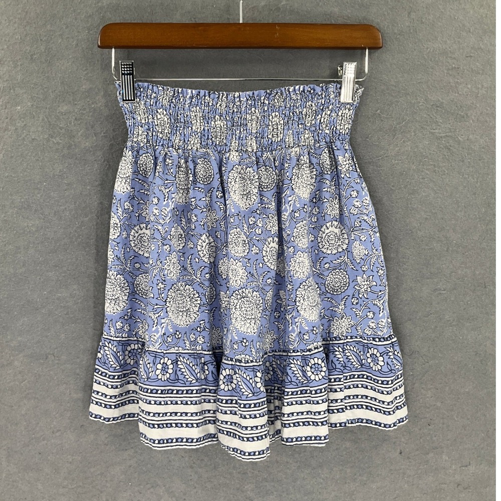 C&C California Blue Floral Smocked Waist Mini Skirt Linen Blend Size S